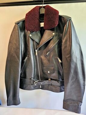 Sandro Leather-Style Moto Jacket in Black & Red